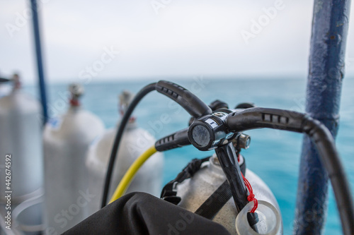 Scuba Diving Equipment on a boat, Koh Tao Thailand