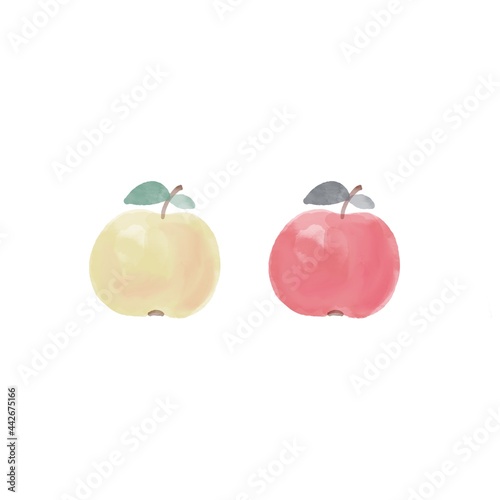 Digital watercolor illustration of two yellow and red apples in the center with a copy of the space.