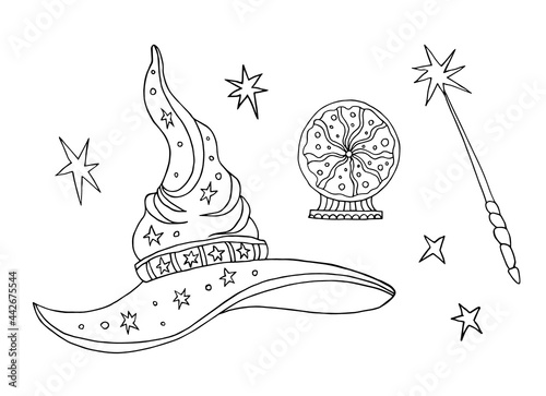 Black and white illustration with wizard hat, crystal ball and magic wand. Halloween set.