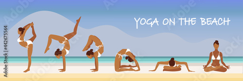 Yoga at seashore, on the beach. Active woman do fitness at beach. Physical exercise, stretching at the seaside. Wellness, training in cartoon flat vector illustration