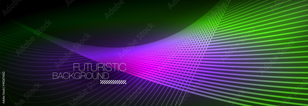 Abstract neon glowing light in the dark with waves. Shiny magic energy and motion concept, vector abstract wallpaper background Abstract neon glowing light in the dark with waves. Shiny magic energy and motion concept, vector abstract wallpaper background