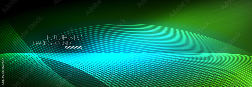 Abstract neon glowing light in the dark with waves. Shiny magic energy and motion concept, vector abstract wallpaper background Abstract neon glowing light in the dark with waves. Shiny magic energy and motion concept, vector abstract wallpaper background