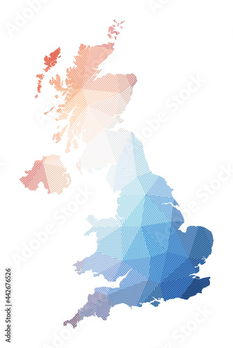 Map of United Kingdom. Low poly illustration of the country. Geometric design with stripes. Technology, internet, network concept. Vector illustration.