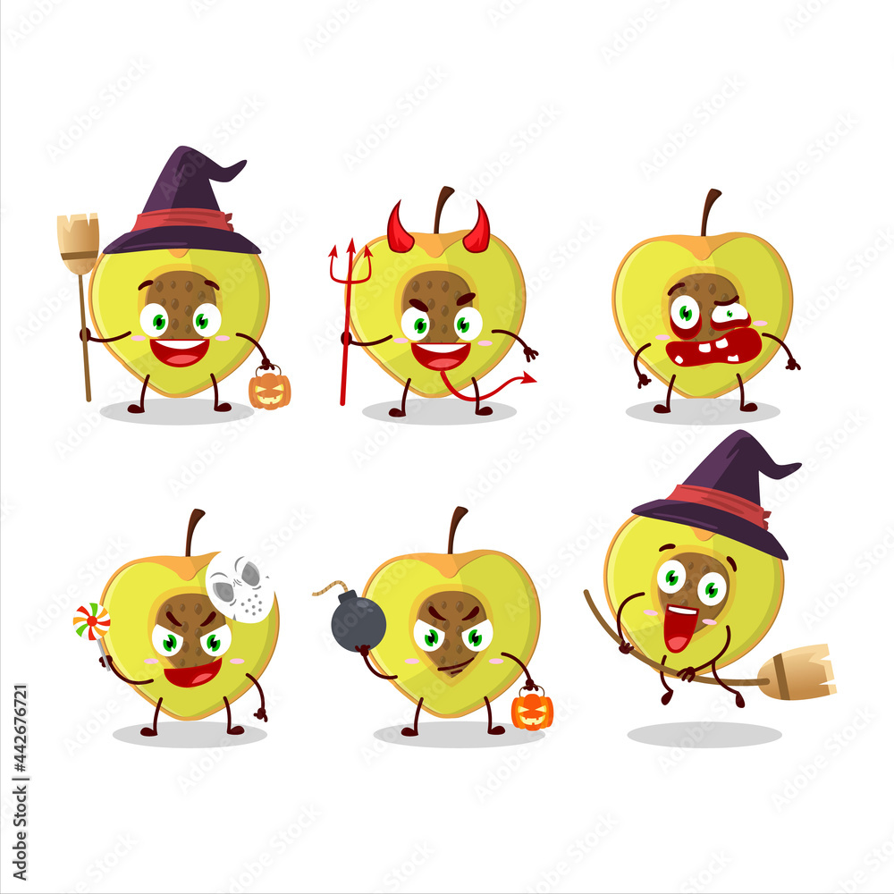 Halloween expression emoticons with cartoon character of slice of peach Halloween expression emoticons with cartoon character of slice of peach
