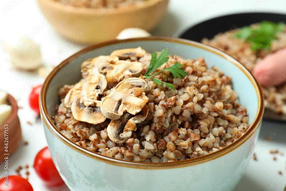 Concept of tasty eating with buckwheat, close up Concept of tasty eating with buckwheat, close up