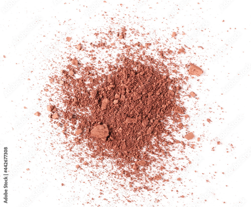 Face powder makeup pile isolated on white background, top view