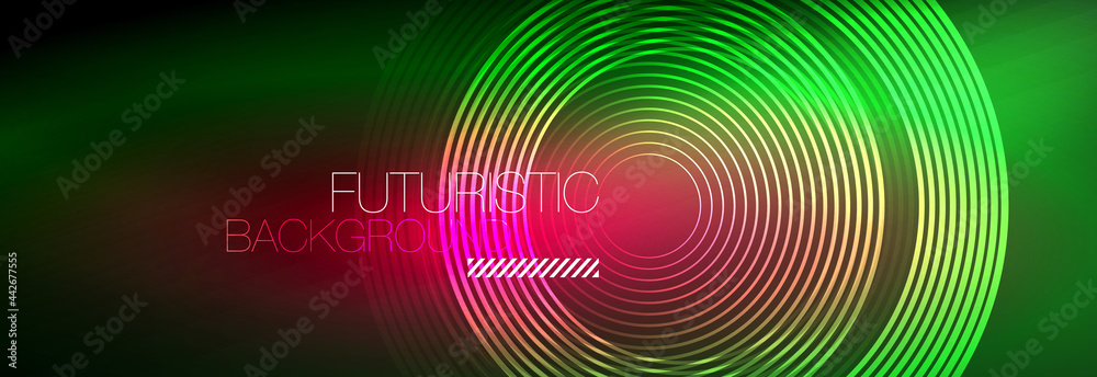 Dark abstract background with glowing neon circles. Trendy layout template for business or technology presentation, internet poster or web brochure cover, wallpaper Dark abstract background with glowing neon circles. Trendy layout template for business or technology presentation, internet poster or web brochure cover, wallpaper