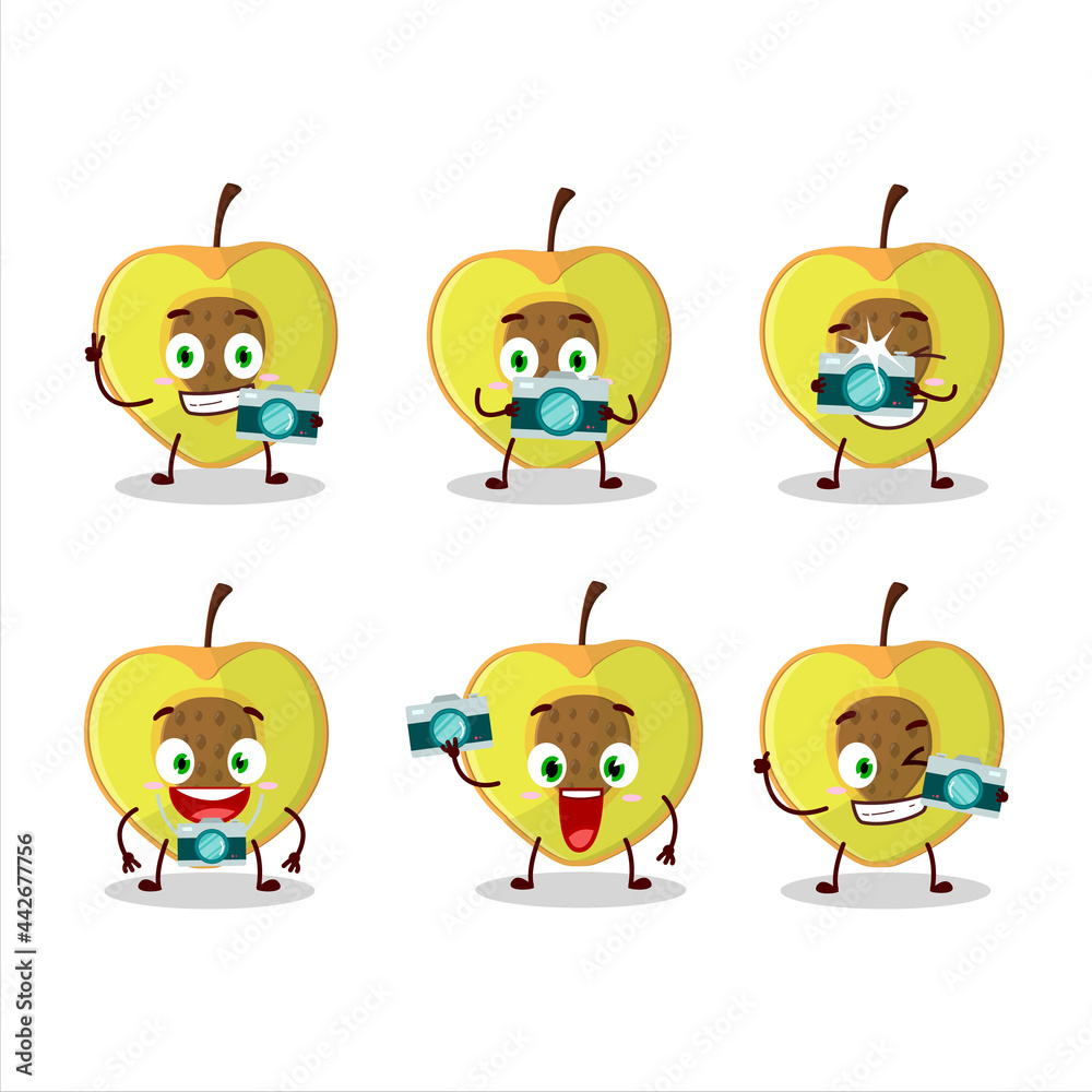 Photographer profession emoticon with slice of peach cartoon character