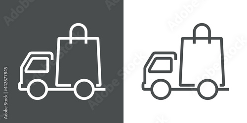 Icono con camión de transporte con bolsa de la compra con lineas en fondo gris y fondo blanco
