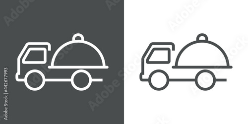 Icono con bandeja de comida con tapadera en camión con lineas en fondo gris y fondo blanco