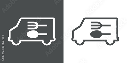 Icono con tenedor y cuchara en camión con lineas en fondo gris y fondo blanco