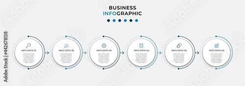 Minimal Business Infographics template. Timeline with 6 steps, options and marketing icons .Vector linear infographic with two circle conected elements. Can be use for presentation. Eps10 vector