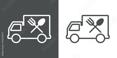 Icono con tenedor y cuchara en aspa en camión con lineas en fondo gris y fondo blanco
