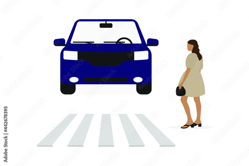 Young female character in a beautiful dress stands in front of a pedestrian crossing and a car on a white background Young female character in a beautiful dress stands in front of a pedestrian crossing and a car on a white background