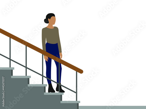 Female character stands on the stairs on a white background