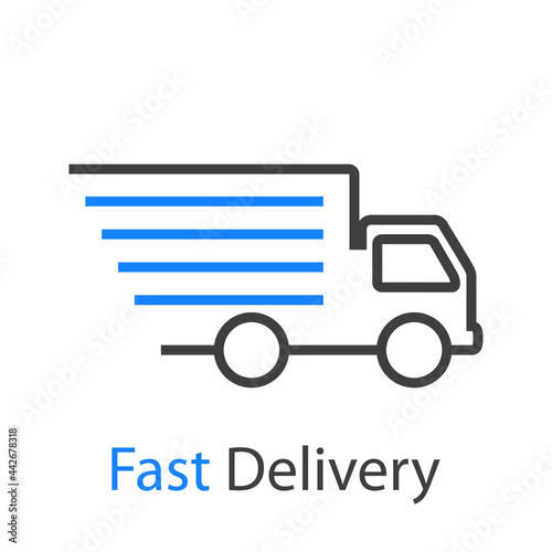 Logo con texto Fast Delivery con camión de transporte con lineas de velocidad en color azul y gris