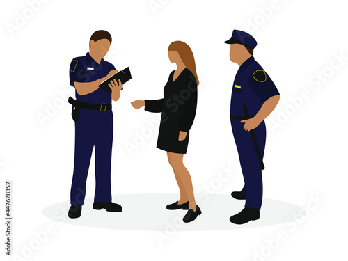 Two police officers in uniform and female character together on a white background
