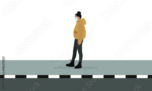 Female character in jacket and medical mask walking on the sidewalk on a white background