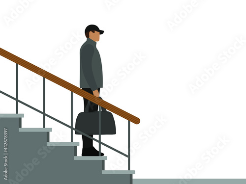 Male character with a bag in his hand stands on the staircase on a white background