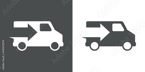 Logo con silueta camión de transporte con flecha de velocidad en fondo gris y fondo blanco