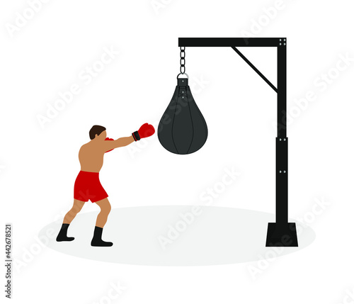 Rack with punching bag and boxer on white background