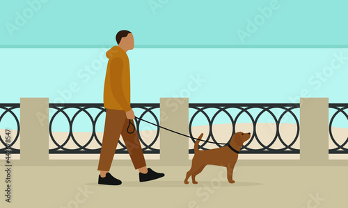 Male character with a dog on a leash walking along the embankment