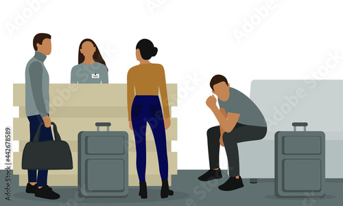 Female and male characters with luggage waiting at the check-in counter