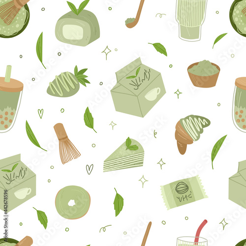 Organic matcha tea Seamless Psttern. Matcha latte,cupcake,roll,powder,macaroon,tea.