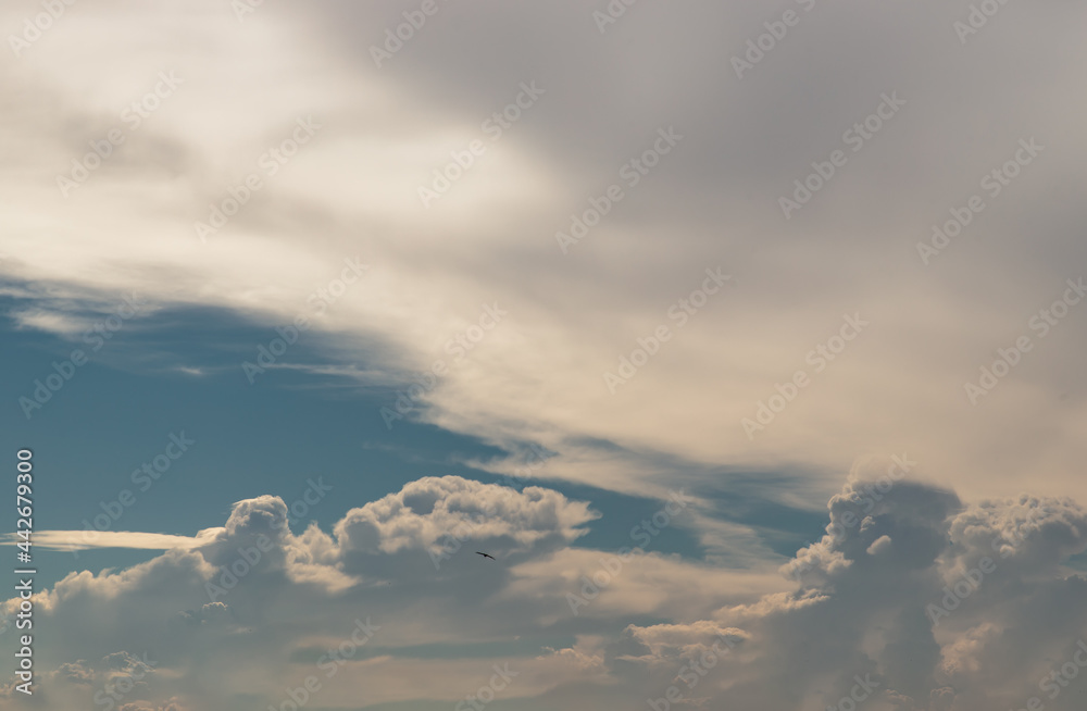 The sun shines through the clouds in the sky. The shape of the clouds evokes imagination and creativity. Copy space, Selective focus. The sun shines through the clouds in the sky. The shape of the clouds evokes imagination and creativity. Copy space, Selective focus.