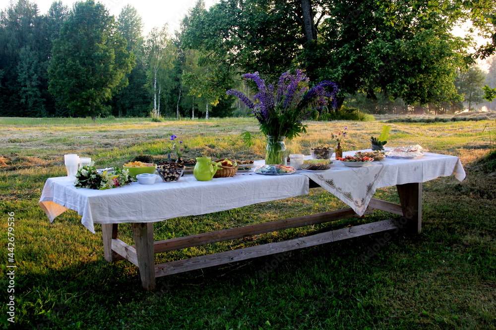 Midsummer food table.Table filled with drinks and food outside in the garden under the trees. on the table a glass vase with blue meadow flowers. Latvian LIGO festive Midsummer food table.Table filled with drinks and food outside in the garden under the trees. on the table a glass vase with blue meadow flowers. Latvian LIGO festive