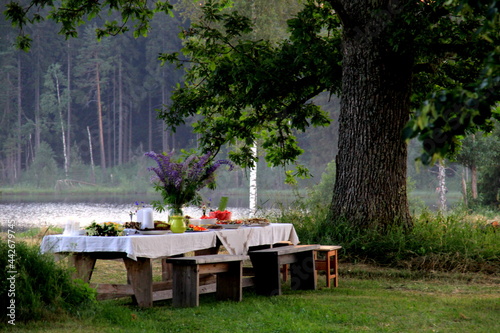 Midsummer food table.Table filled with drinks and food outside in the garden under the trees. on the table a glass vase with blue meadow flowers. Latvian LIGO festive