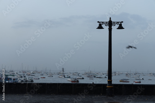 View of vintage Lamp posts on a street close to sea with boats and a bird flying during the blue hour