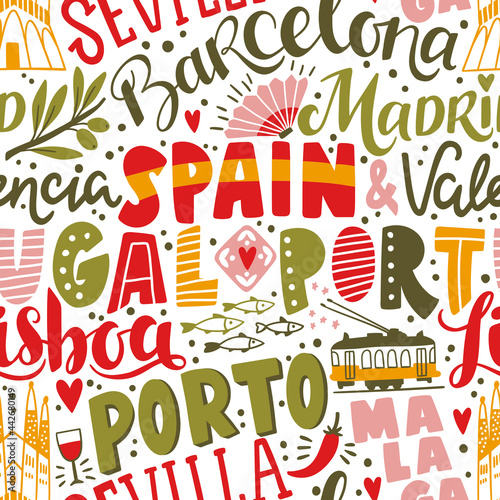 Around the World. SPAIN and PORTUGAL vector lettering seamless pattern. Country and major cities. Vector illustration (ID: 442680149)