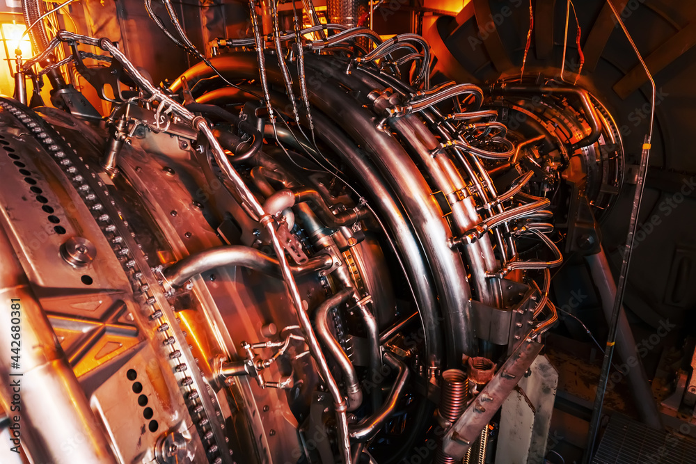 Gas turbine engine, located with internal structural elements, hoses, cylinders and housings