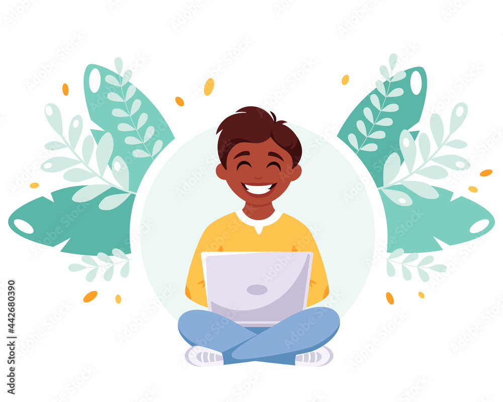 Indian boy studying with computer. Online learning, back to school concept. Vector illustration Indian boy studying with computer. Online learning, back to school concept. Vector illustration