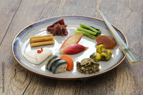 Japanese pickles (Tsukemono) assortment, traditional fermented food photo