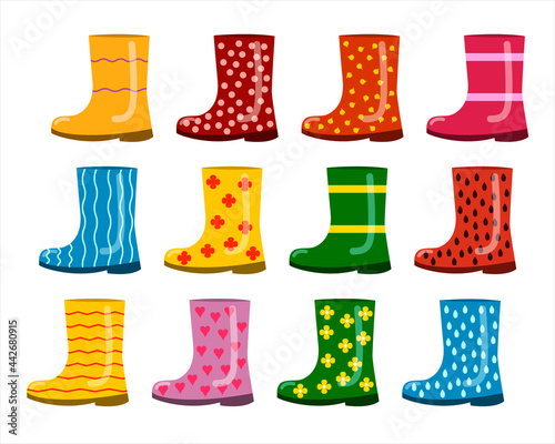 A set of rubber boots with different patterns. Vector isolated on a white background