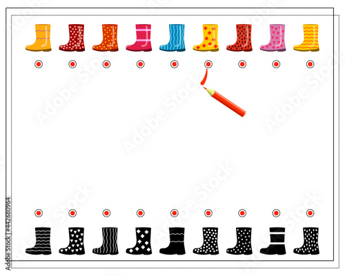 A logical game for children, find the right shadow for rubber boots. Vector isolated on a white background