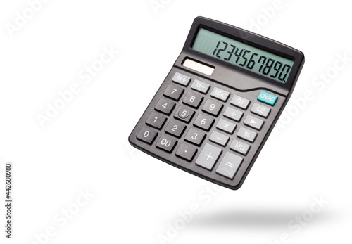black calculator isolated on white background photo