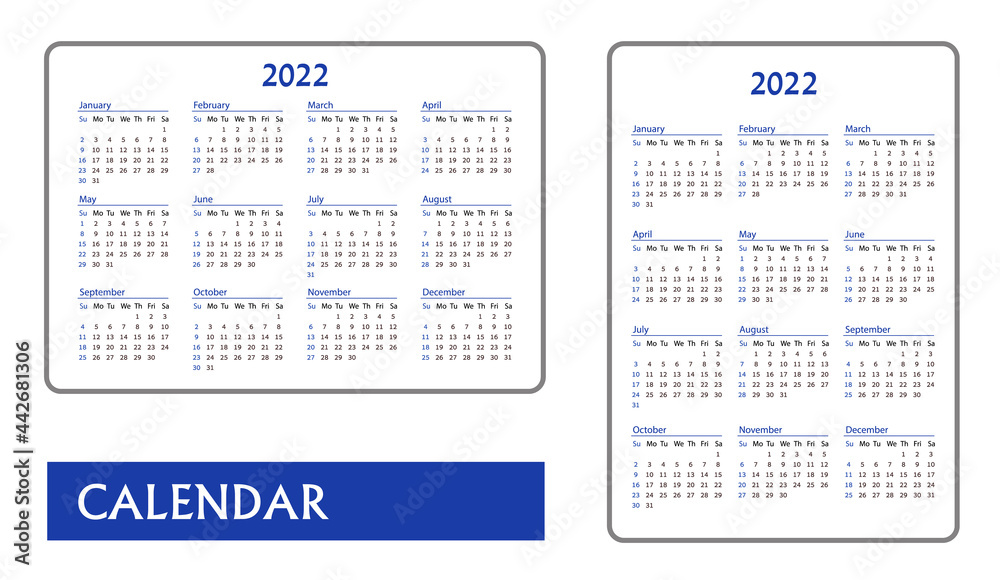 Horizontal and vertical blue pocket calendar on 2022 year. Horizontal and vertical blue pocket calendar on 2022 year.