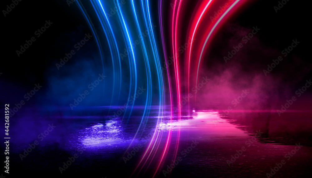 Abstract neon futuristic background. Distortion of light rays. Dark futuristic scene, smoke, smog, rays and lines. Illusion fantastic, neon background. Dark street scene with neon lights. Abstract neon futuristic background. Distortion of light rays. Dark futuristic scene, smoke, smog, rays and lines. Illusion fantastic, neon background. Dark street scene with neon lights.