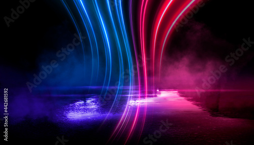 Abstract neon futuristic background. Distortion of light rays. Dark futuristic scene  smoke  smog  rays and lines. Illusion fantastic  neon background. Dark street scene with neon lights. 