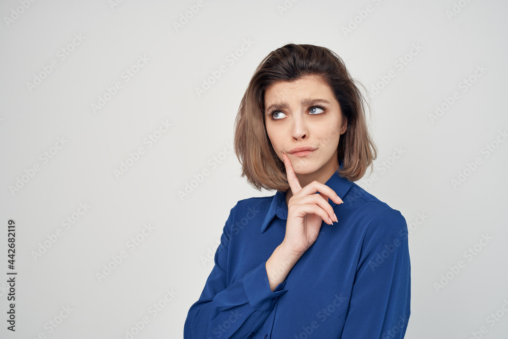 Business woman blue shirts gesturing with hand office professionals work Business woman blue shirts gesturing with hand office professionals work