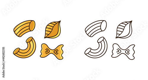 Pasta doodle icons set. Linear and color version. Hand drawn illustration of farfalle, conchiglie, rigati, rigatoni. Contour isolated vector on white background