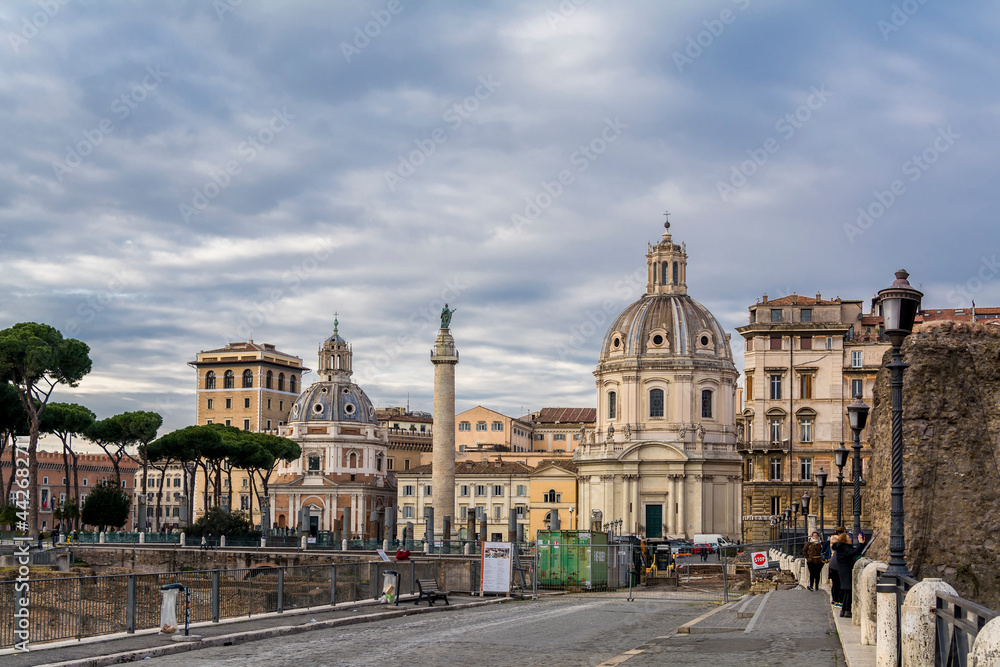 A view of the Most Holy Name of Mary church (Santissimo Nome di Maria), Trajan's Column and the church of Santa Maria di Loreto at the Trajan Forum. Italy, Rome
