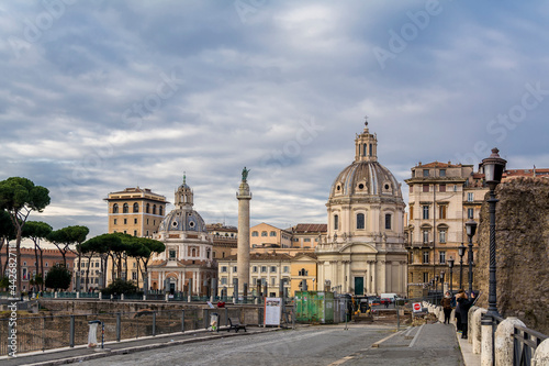 A view of the Most Holy Name of Mary church (Santissimo Nome di Maria), Trajan's Column and the church of Santa Maria di Loreto at the Trajan Forum. Italy, Rome
