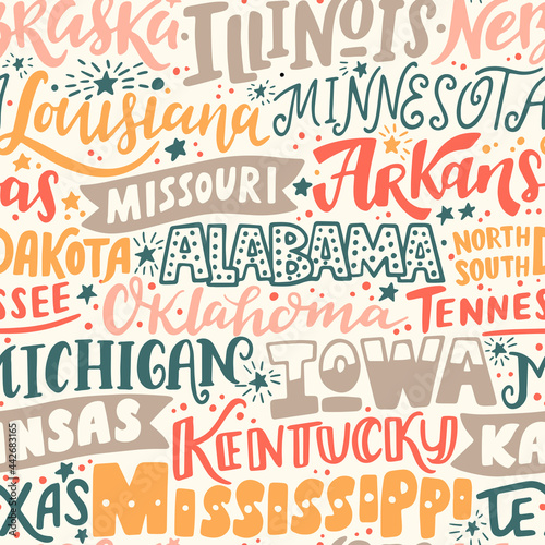 Around the World. AMERICAN CENTRAL STATES vector lettering seamless pattern. Country and major cities. Vector illustration (ID: 442683165)