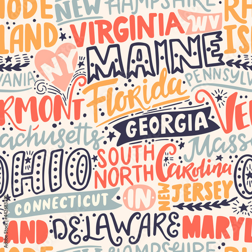 Around the World. AMERICAN EASTERN STATES vector lettering seamless pattern. Country and major cities. Vector illustration (ID: 442683391)
