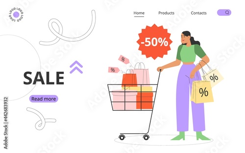 Modern flat vector illustration with female character holding boxes and packages. Concept of seasonal discounts or big sale.
