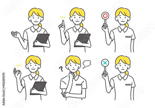 6つのポーズをとる女性看護師のベクターイラスト素材／薬剤師／介護